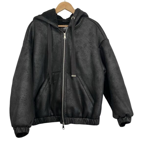 Urban Outfitters Casey Faux Suede Black Zip Up Hoodie Bomber Jacket M - Picture 2 of 10